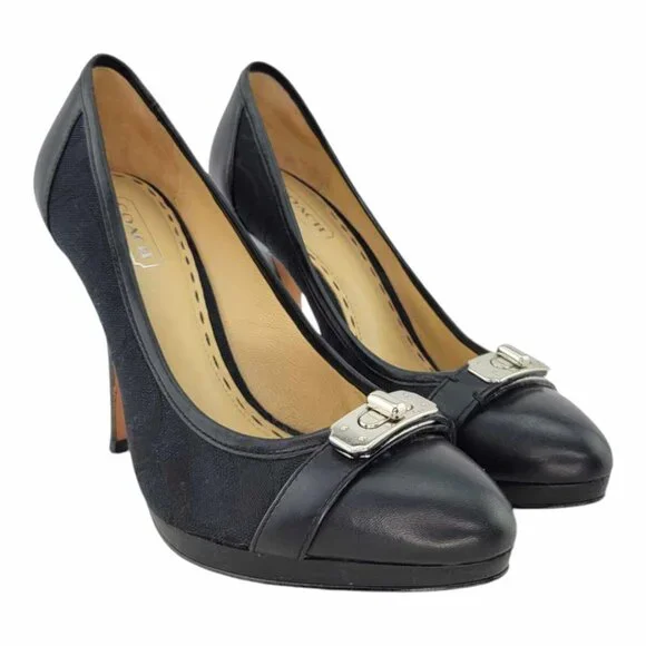 AUTHENTIC Coach Camille Black Signature Turnlock Pumps Sz 5.5 Smooth Leather Toe - Picture 3 of 13